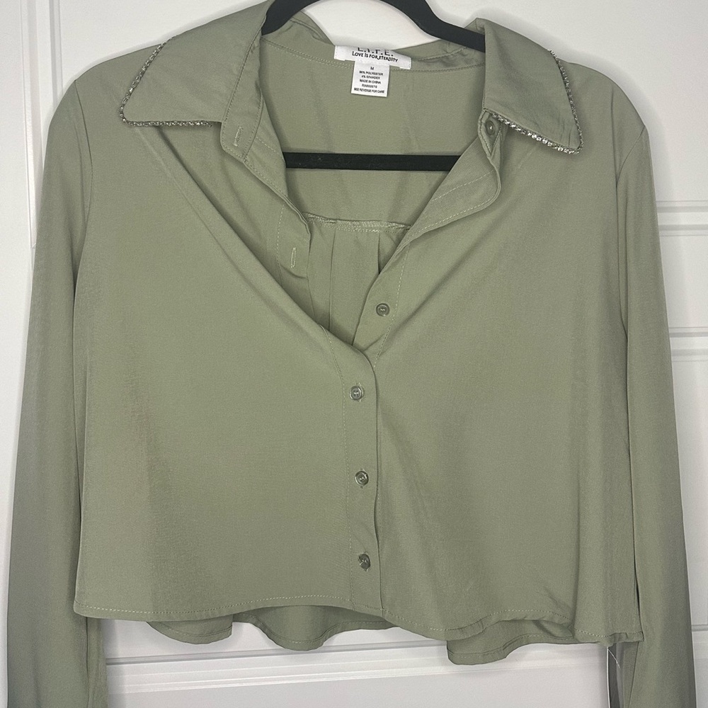 Olive Green Crop Button-Up w/Diamond Accents